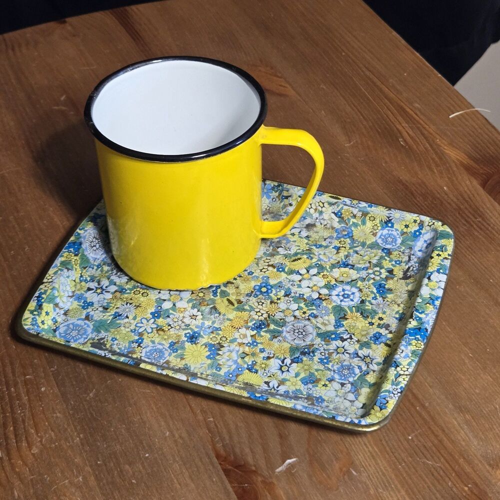 Vtg MCM Enamel Mug & Daher Floral Chintz 11101 Rectangle Tin Tray, England
